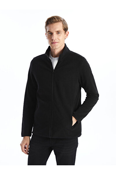 LC Waikiki Black Stand Collar Long Sleeve Fleece Men's Zip-Up Sweatshirt