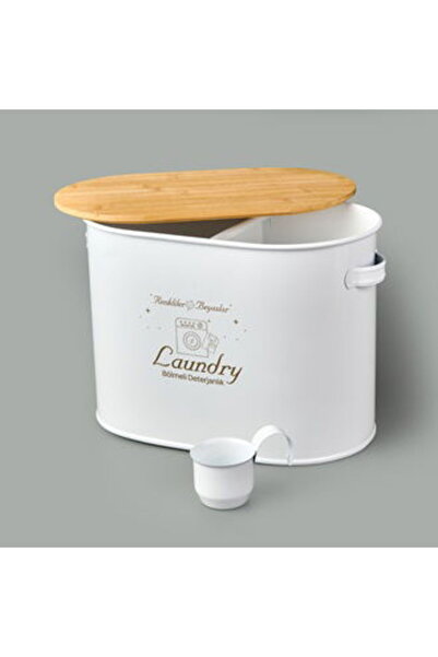 Evidea Bath 2 Compartment Metal Detergent Box with Wooden Lid - White - 12 Lt
