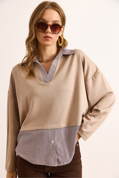 Olalook Women's Stone Shirt Detailed Soft Textured Blouse Blz-19003099