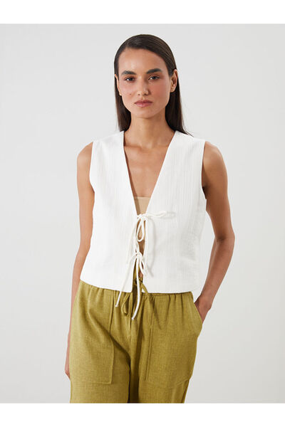 LC Waikiki White V-Neck Textured Bow Women's Classic Vest