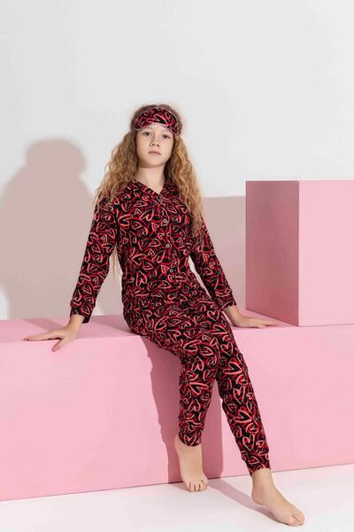 Tarık Women's Black Heart Patterned Front Buttoned Mother-Daughter Combination Suede Velvet Winter Warm Pajama Set