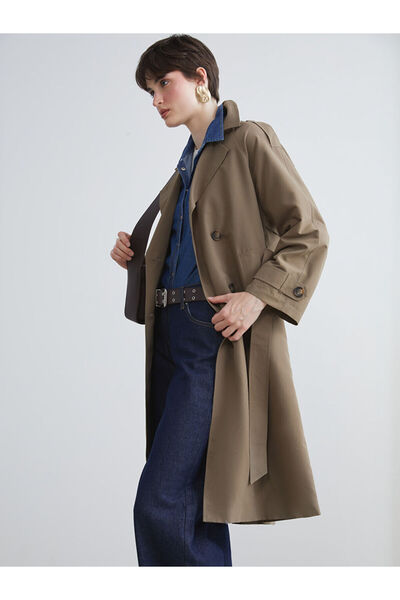 LC Waikiki Khaki Jacket Collar Women's Trench Coat