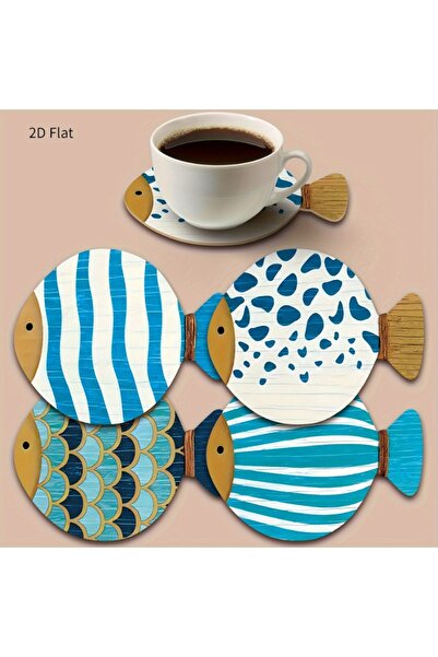 Choice 4 قطع 4 قطع من الوقايات الخشبية على شكل أسماك غريبة - أنماط زرقاء وبيض...