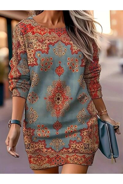 Masspera Kadın Yuvarlak Yaka Uzun Kollu Desenli Mini Modal Elbise