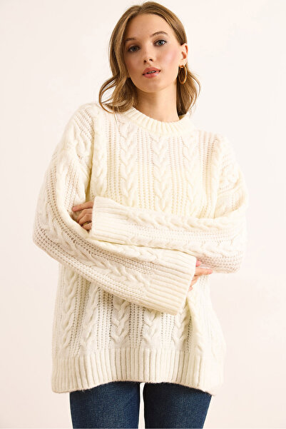 Olalook Pulover tricotat oversize pentru femei, cu păr gros împletit, ecru KZK-19000986