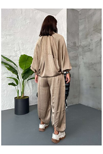 Elif Özbey Butik Mink Waist Lace-Up Satin Baggy Trousers