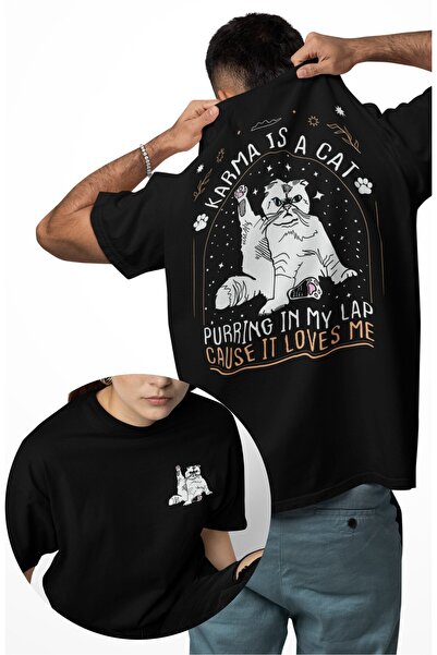 Fuddy Moda تي شيرت مطبوع عليه "Unisex Karma Is A Cat" على الظهر، تي شيرت كبير...