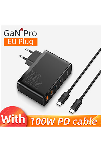 Baseus شاحن EU Plug 4 منافذ أسود 100W GaN شاحن USB من النوع C PD شاحن سريع مع Quick Charge 4.0 USB Ph