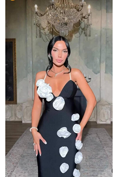 Sisa Butik ÖZEL FİYAT İp Askısı Taşlı Gül Detaylı Tasarım Elbise