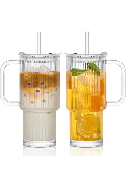 Choice1 760 مل 2 قطعة 760 مل كوب زجاجي مضلع مع غطاء بمقبض 1/2 قطعة أكواب قهوة...