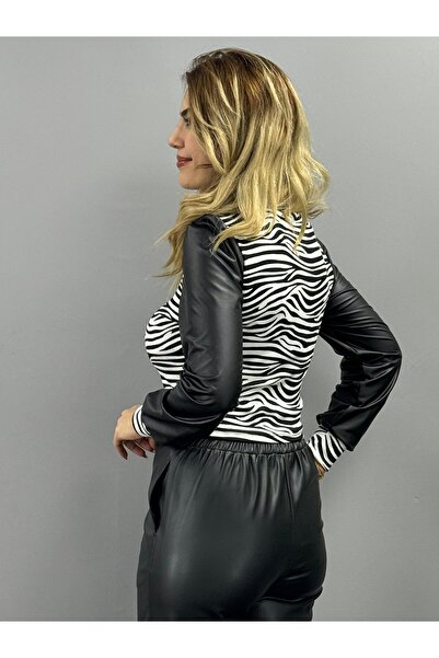 Lady Pixie Zebra Collar Leather Detailed Blouse