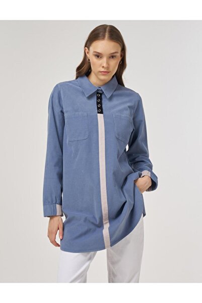 Kayra Gömlek Yaka Kadife Tunik İndigo