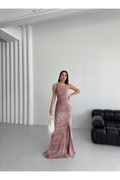 SELİN MODA EVİ Kadife Pullu Elbise Gül Kurusu