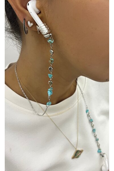 Alien Tailor Airpods vb. bluetooth kolaklık askısı turkuaz doğal taşlı gümüş zincir