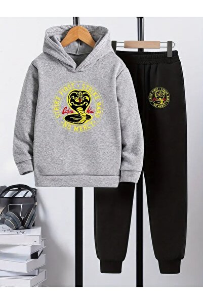 Cevval Children's Printed Hooded Sweatshirt and Sweatpants Set 3 Thread Raster for Autumn/Winter