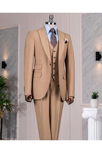 TerziAdemAltun Italian Style Slim Fit 8 Drop Jacket Vest Pants Suit Camel T12632