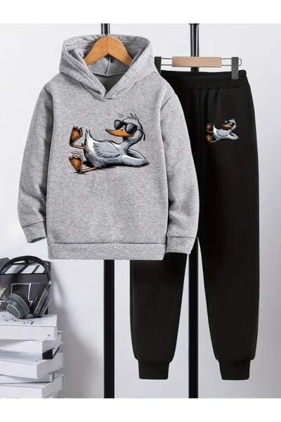 Cevval Children's Printed Hooded Sweatshirt and Sweatpants Set 3 Thread Raster for Autumn/Winter