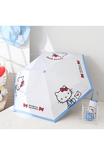 Miniso مظلة شمسية يدوية قابلة للطي من الحديد عيار 6 قيراط بتصميم هيلو كيتي كاواي لطيف ومطرزة بسلسلة، حماية من الأشعة فوق البنفسجية