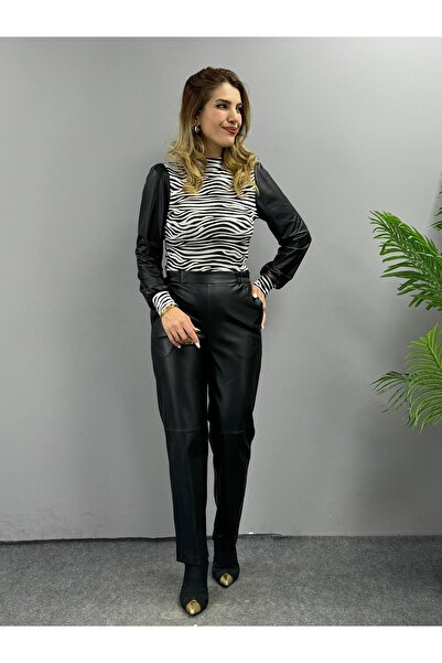 Lady Pixie Zebra Collar Leather Detailed Blouse