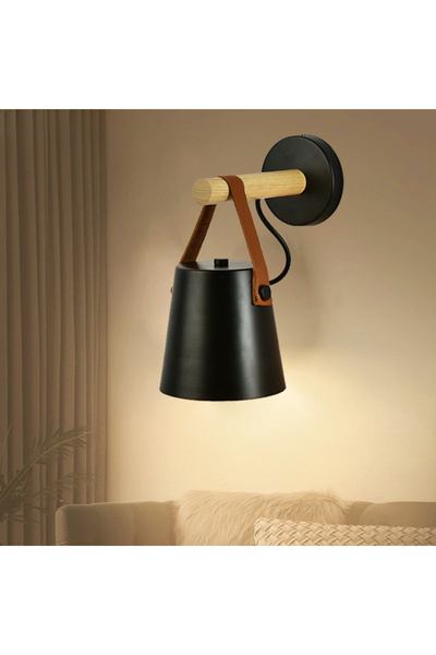 Choice Without bulb Black LED Bedside Wall Lamp Nordic Wood Leather Belt Hanging Sconces for Bedroom Study