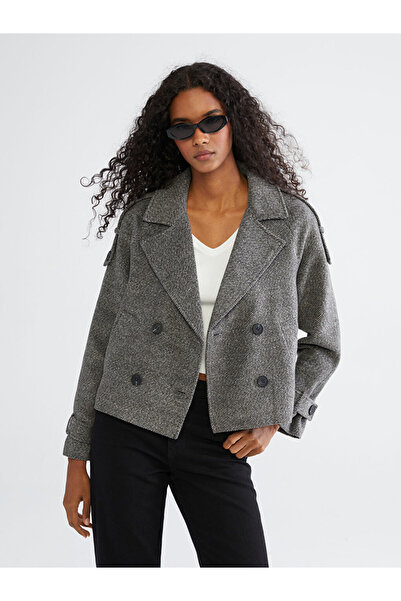 LC Waikiki Gray Double-Breasted Collar Patterned Women's Cashmere Jacket