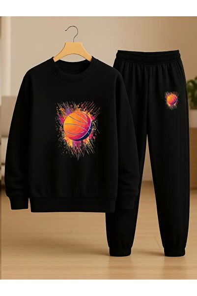 Cevval طقم سويت شيرت وبنطلون رياضي للأطفال مطبوع برقبة دائرية و3 خيوط مطوية ل...