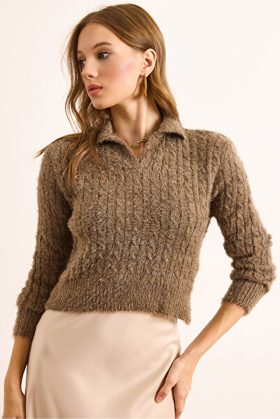 Olalook Γυναικεία μπλούζα με γιακά πόλο με πλεκτά μαλλιά και γένια BLZ-19003094