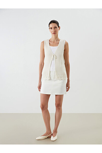 LC Waikiki Ecru V-Neck Openwork Women's Knitwear Vest