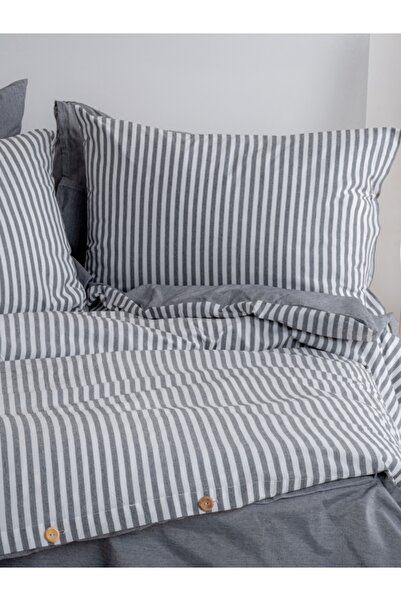 Dovira Antrasit Gri Çizgili Tek Kişilik Pamuklu Nevresim Takımı (Çarşafsız) 160 x 220 cm