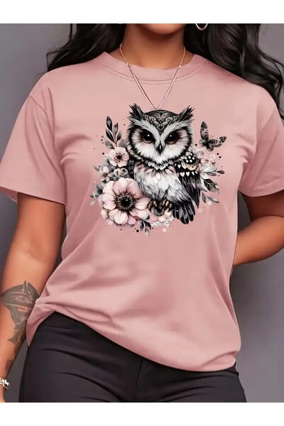 l'eivor Tricou din bumbac pentru femei cu imprimeu bufniță și fluture