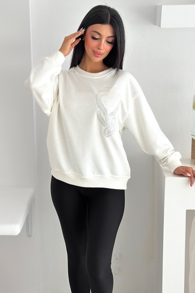 FEMELLE 100% Cotton Sweatshirt with White Beads and Sequin Embroidered Pattern