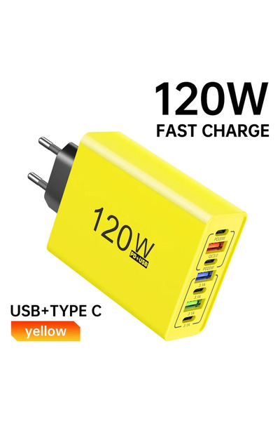 Choice شاحن USB C أصفر بمقبس EU 120 وات شحن سريع 3.0 متعدد المنافذ شحن سريع م...