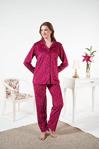 Estiva Women's Winter Front Buttoned Heart Patterned Velvet Pajama Set Burgundy