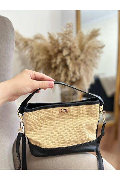 zemihra Γυναικεία δερμάτινη τσάντα χειρός και ώμου με λεπτομέρεια από ψάθινο ...