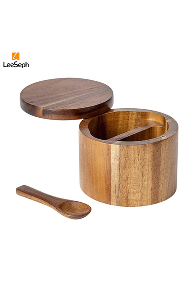 Choice1 B Salt Cellar with Spoon and Swivel Lid, Acacia Wood Salt Salt Keeper, Wood Jar for Kitchen, Perfe.