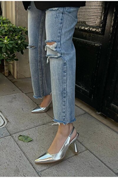 POLKA STORE Spark Metallic Skin Gray Silver Lame Silver Pointed Toe Open Back Stiletto Evening Dress Heeled Women's Shoes