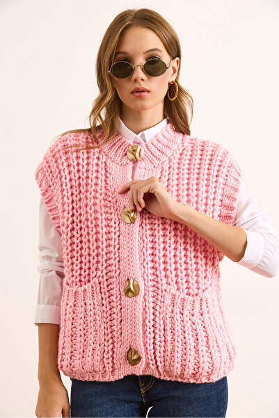 Olalook Women's Pink Thick Knitted Cardigan with Large Buttons Hrk-19000382