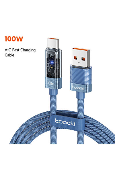 Toocki كابل USB من النوع C أزرق 100 واط بطول 1 متر مزود بمؤشر LED للإيقاف الت...