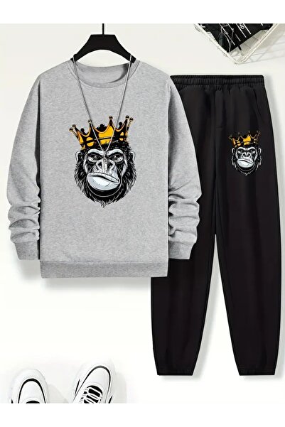 SVART WEAR Children's Printed Crew Neck Sweatshirt and Sweatpants Set 3 Thread Raster for Autumn/Winter