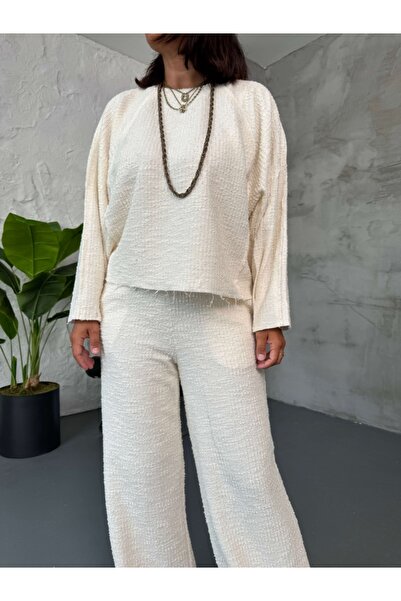 Elif Özbey Butik Ecru Textured Sweat Pants Set