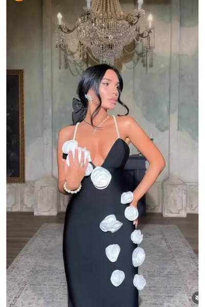 Sisa Butik ÖZEL FİYAT İp Askısı Taşlı Gül Detaylı Tasarım Elbise