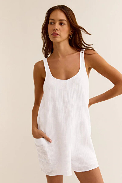 R ROCKBLACK Kadın Beyaz Mini Cepli Tulum Plaj Elbisesi – Şık, Rahat ve 4 Mevsim Kullanıma Uygun