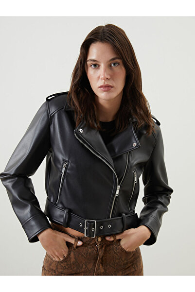 LC Waikiki Black Biker Collar Women's Leather Look Jacket
