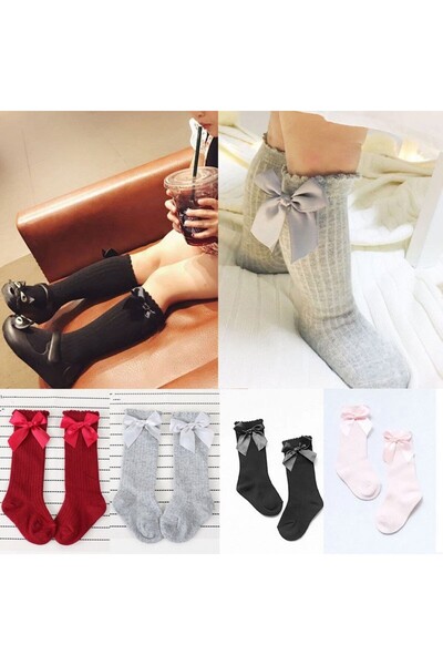drool Socks with bows (Color: Gray, Age: 0-2 years)