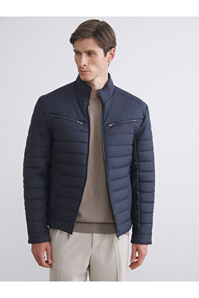 LC Waikiki Navy Blue Slim Fit Stand Collar Men's Leather Look Coat