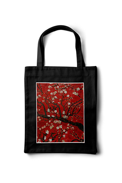 INKD Sanatsal Bez Çanta – Kırmızı Kiraz Çiçekleri Tasarım - 35x40
