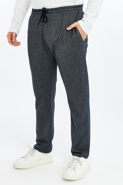 defys Men's Elastic Waist Straight Leg Regular Fit Trousers with Pockets Navy Blue-White