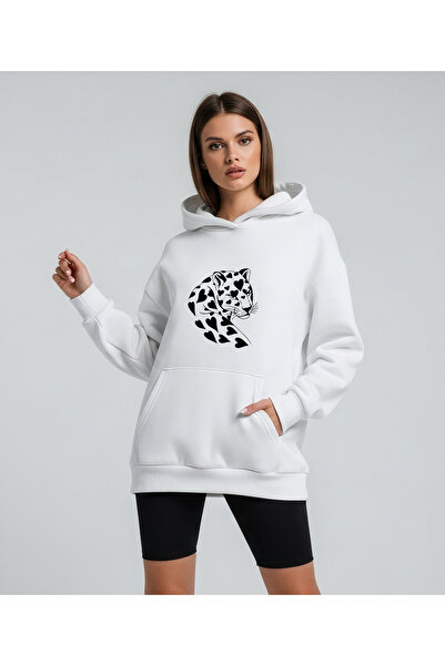 Bheka Concept سويت شيرت بقلنسوة كبير الحجم للجنسين مطبوع عليه نقش الفهد