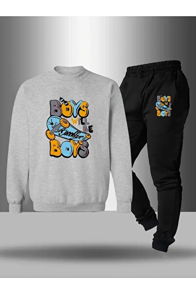 CROPSEL Children's Printed Crew Neck Sweatshirt and Sweatpants Set 3 Thread Raster for Autumn/Winter