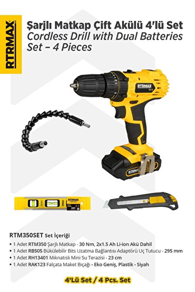 Rtrmax Rtm350set Şarjlı Matkap Çift Akülü 4'lü Set - Uç Tutucu-mini Su Terazisi-maket Bıçağı